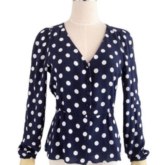 J. Crew Navy Blue White Polka Dot Crepe V Neck Button Front Peplum Blouse - Picture 4 of 16